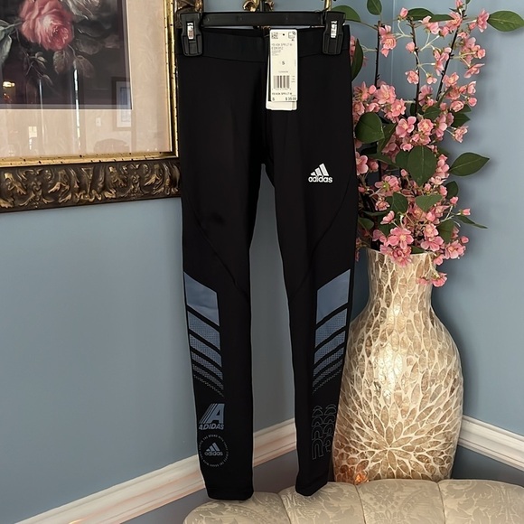 Brand New Adidas Climawarm Black Tights Sporty Stretch Leggings Blue Graphics - Picture 4 of 15